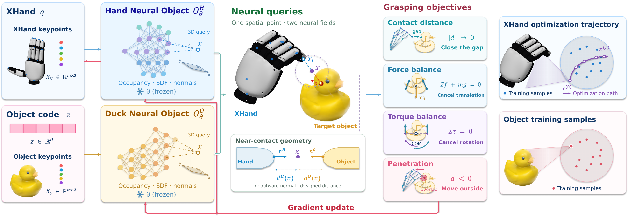Grasp objectives backpropagate through frozen hand and object models to optimize XHand configurations